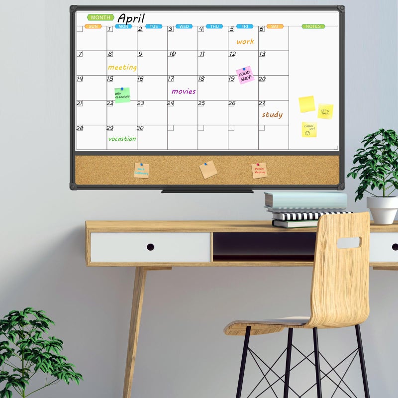 JILoffice Magnetic Calendar Whiteboard & Bulletin Corkboard Combination, Combo Board 36 x 24 Inch, Black Aluminum Frame Wall Mounted Board for Office Home and School with 10 Push Pins - Image 5